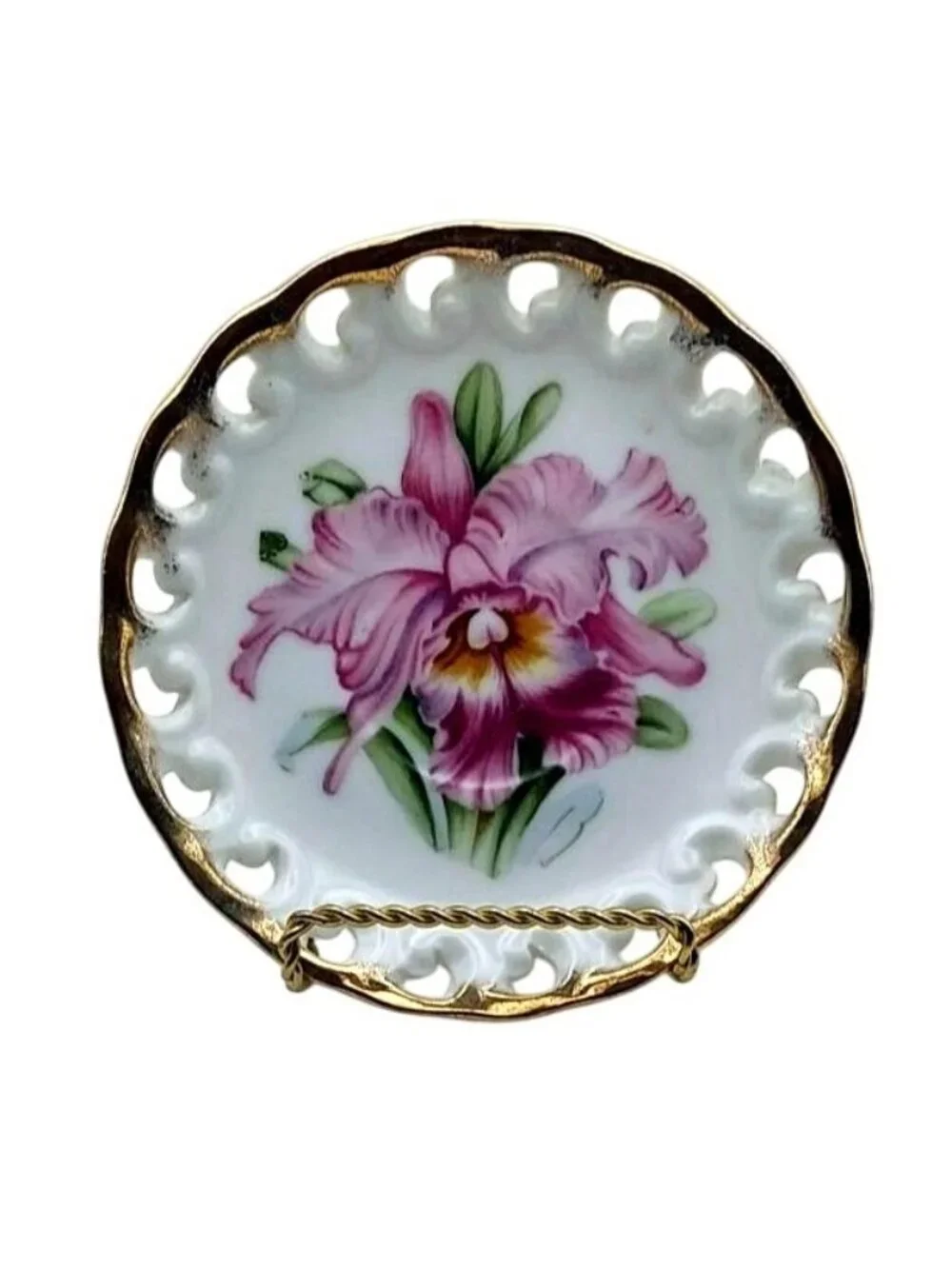 Yamaka China Porcelain Floral Iris Lace Edge Plate Gold Trim Stand Japan Vintage